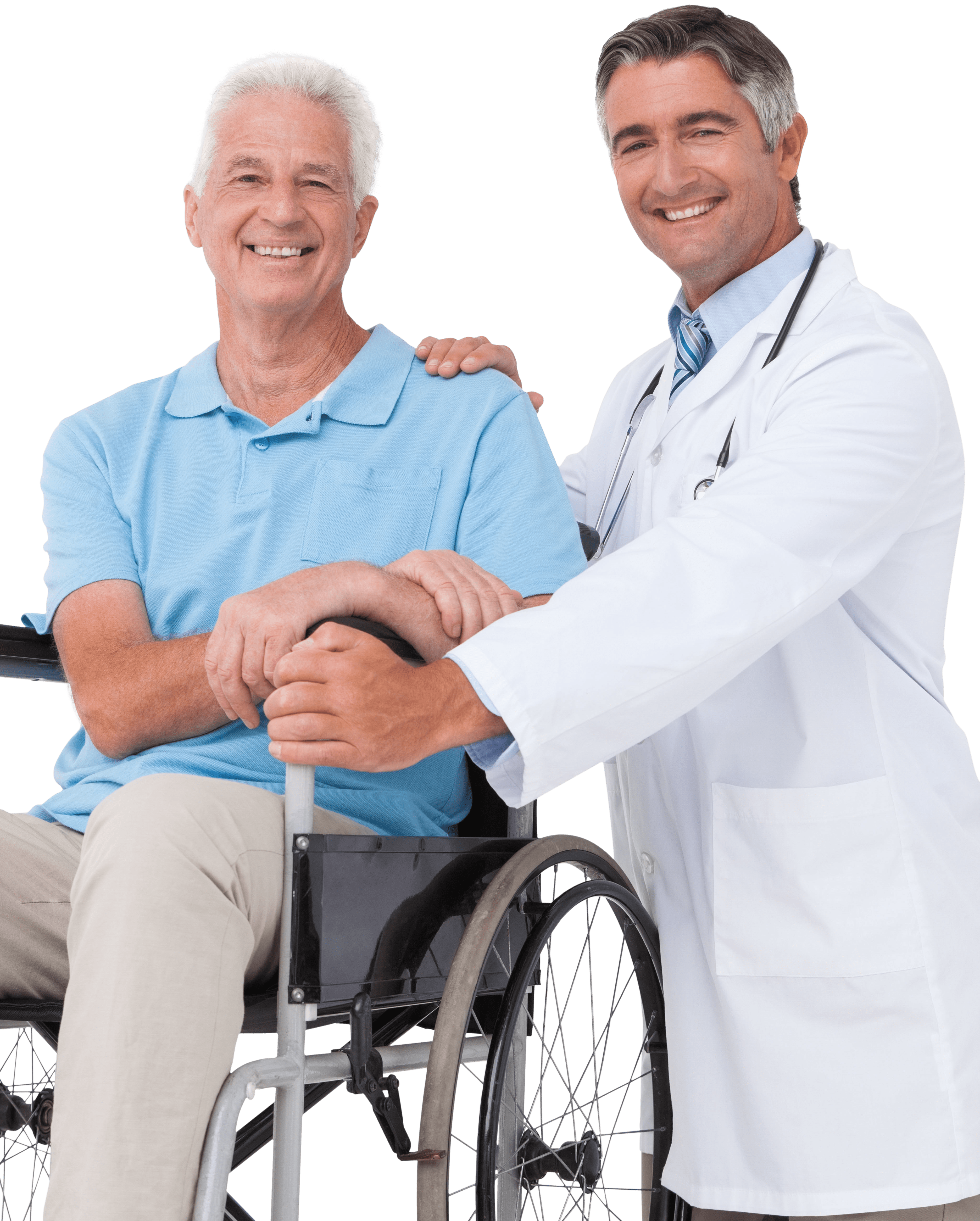 Physician with white lab coat holding patient in wheelchair