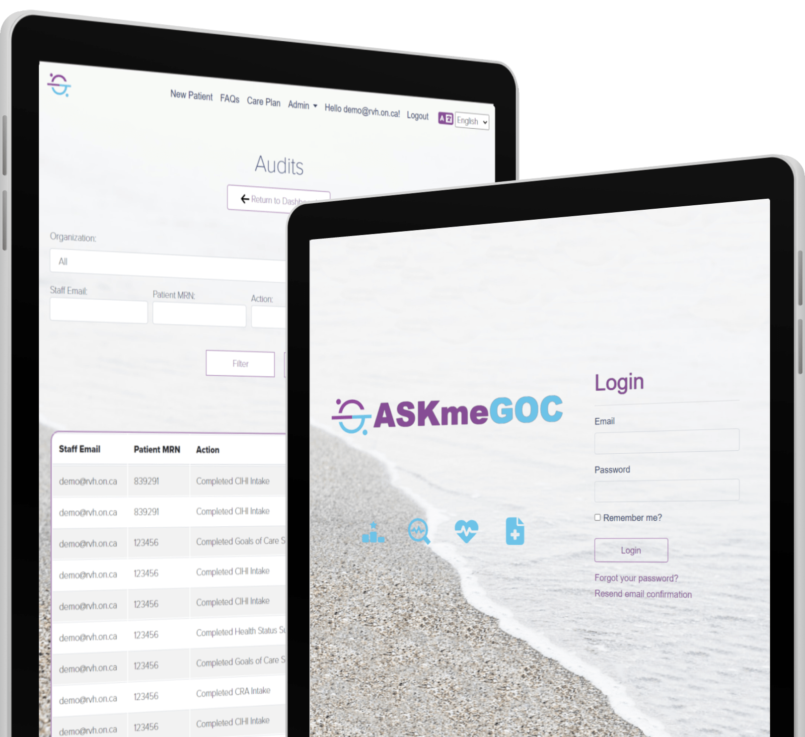 Tablets displaying the ASKmeGOC Audits page and Login page