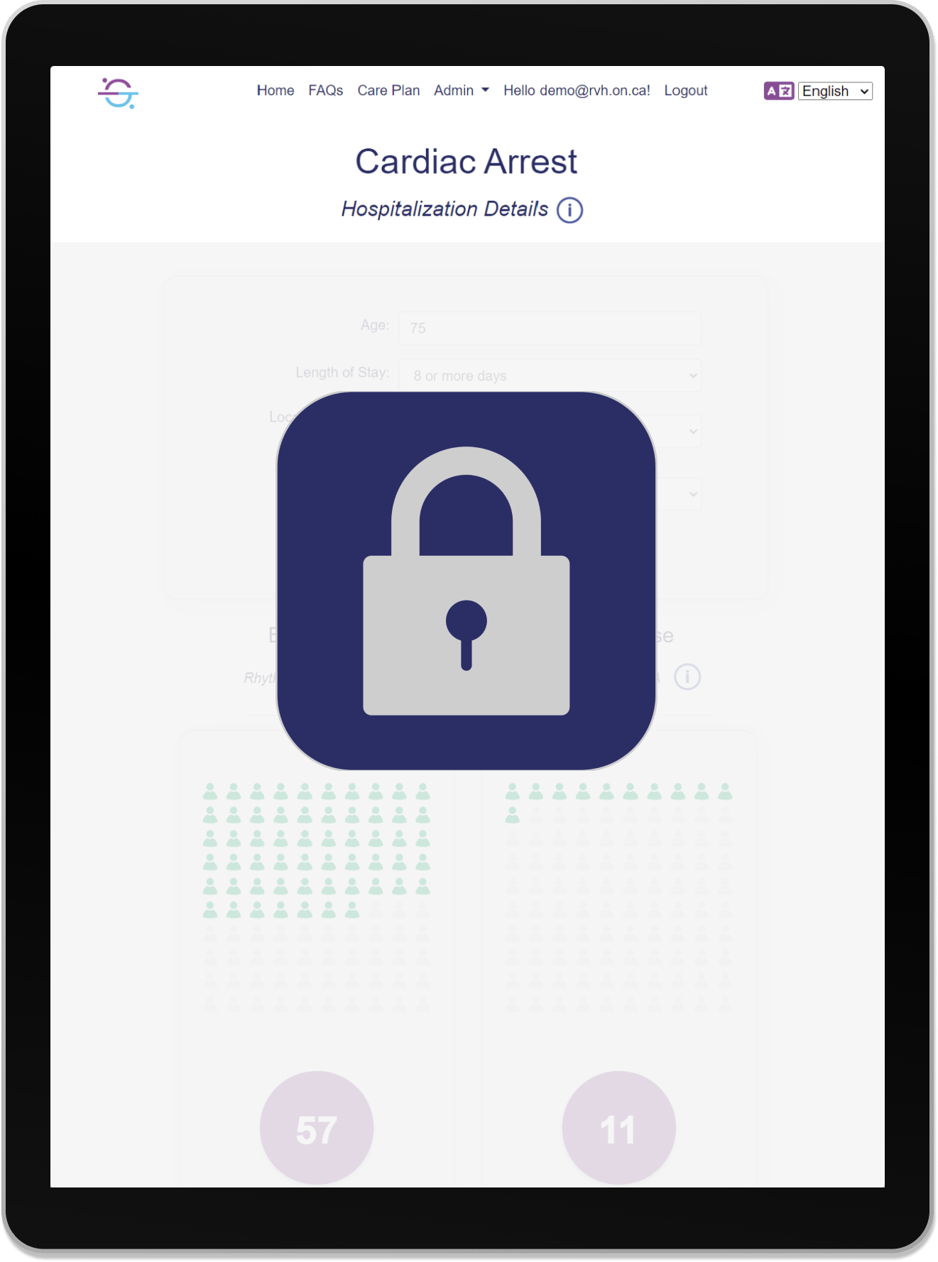 Tablet displaying the ASKmeGOC Cardiac Arrest page, greyed out with a lock icon