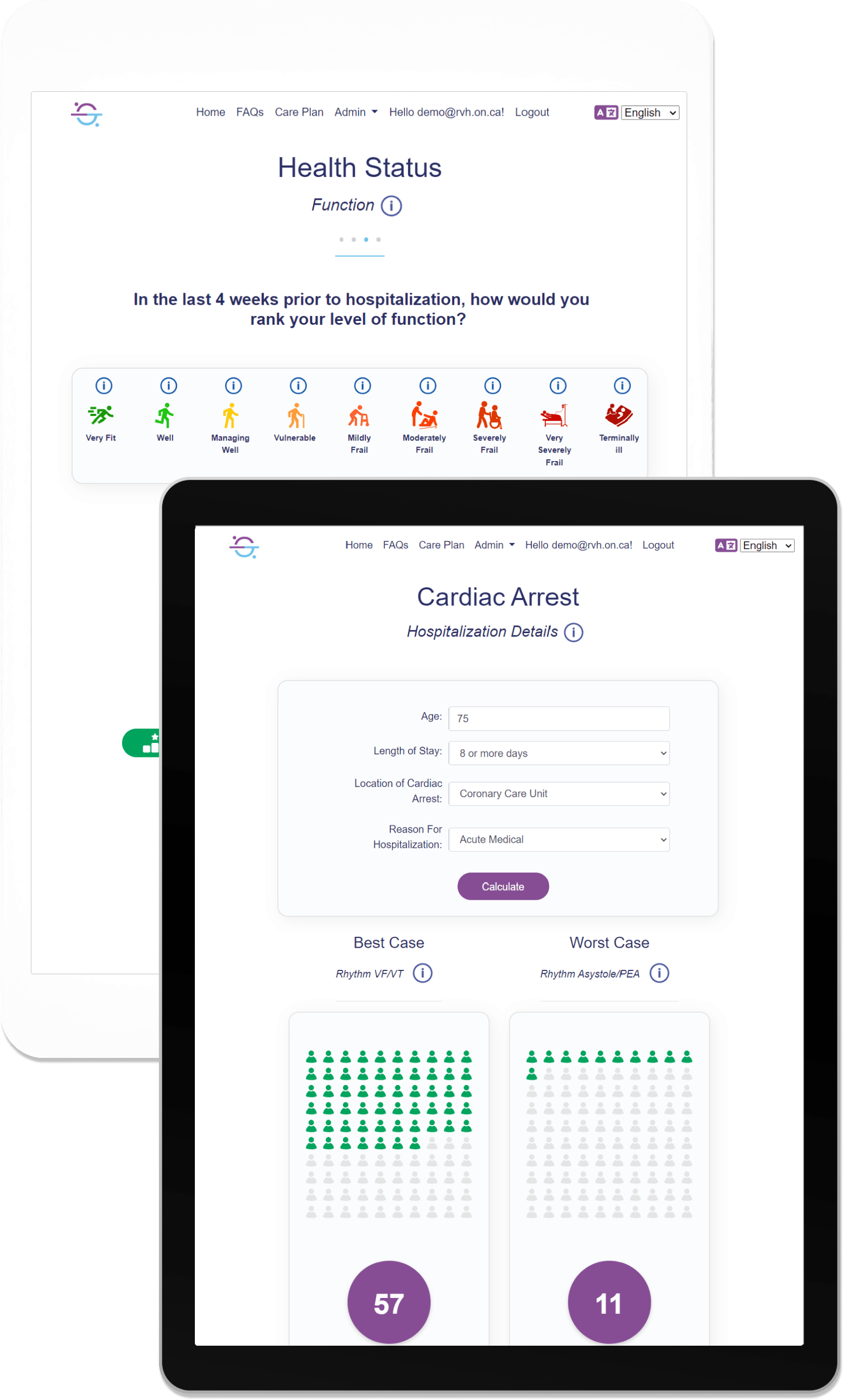 Two tablets displaying the ASKmeGOC Health Status page and the Cardiac Arrest page