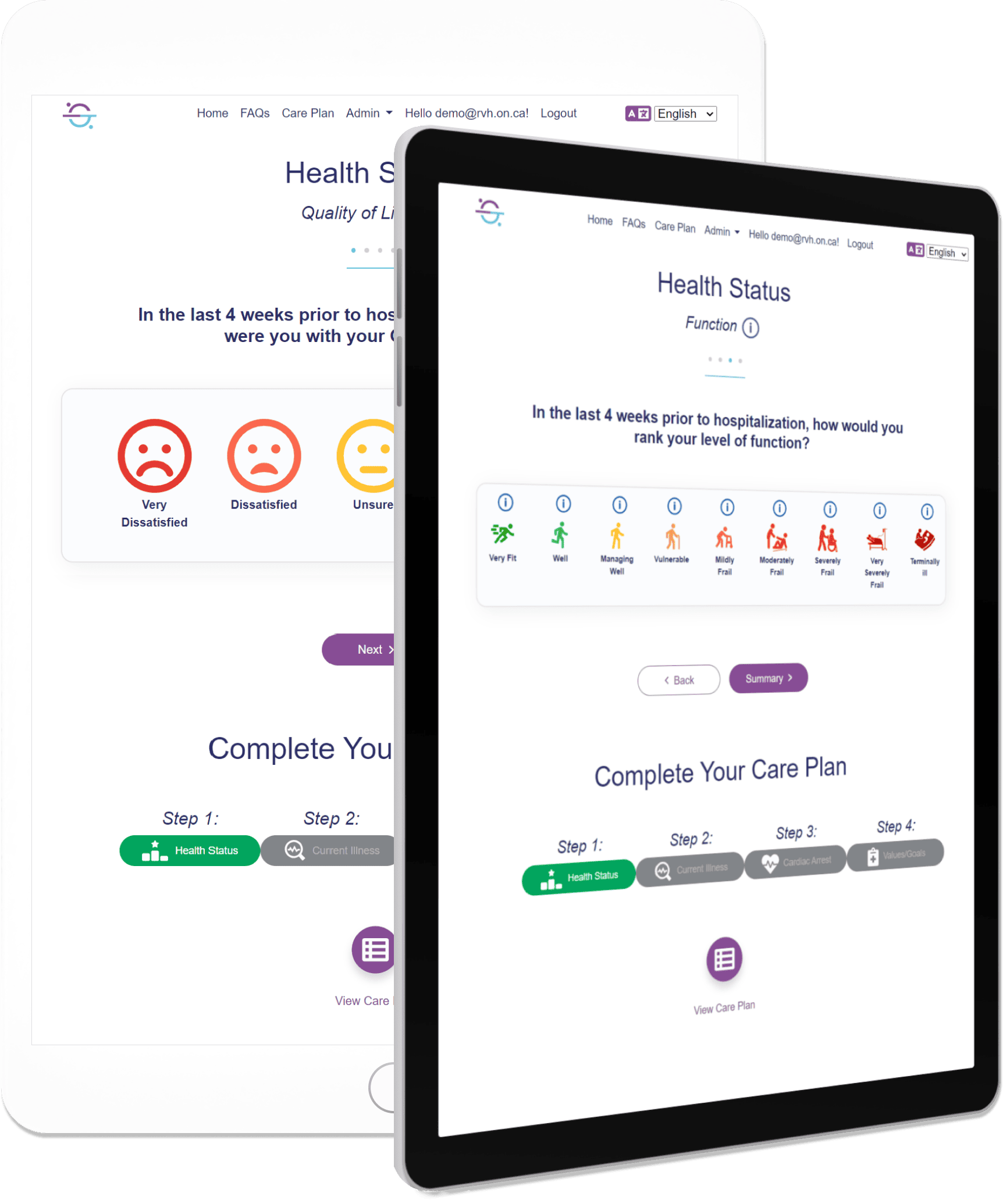 Two tablets displaying the ASKmeGOC Health Status page