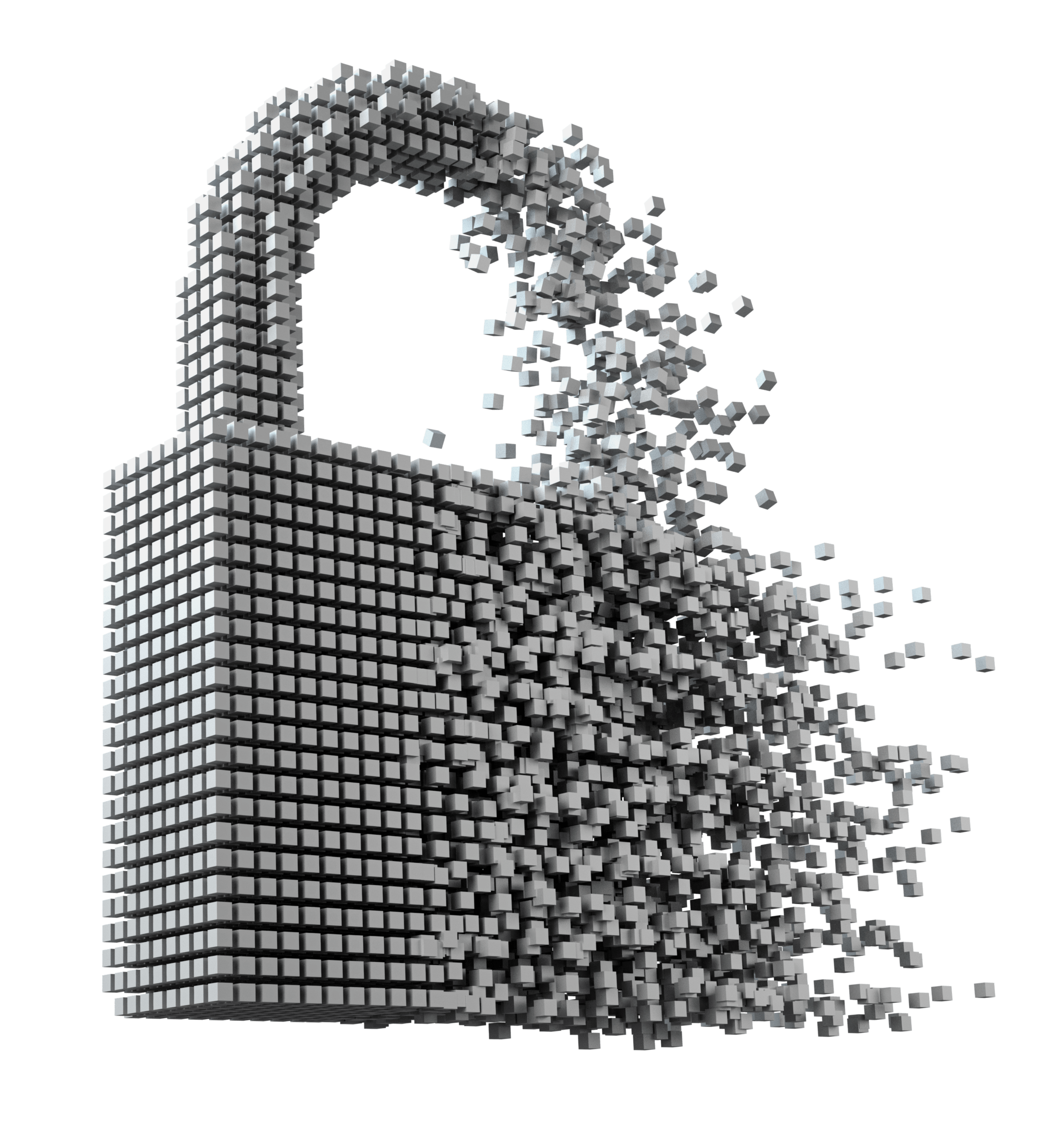 Lock composed of small grey cubes, with the half right of the lock dissolving