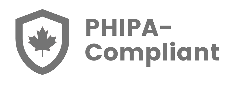 Text saying 'PHIPA-Compliant' with shield and Canadian flag leaf icon