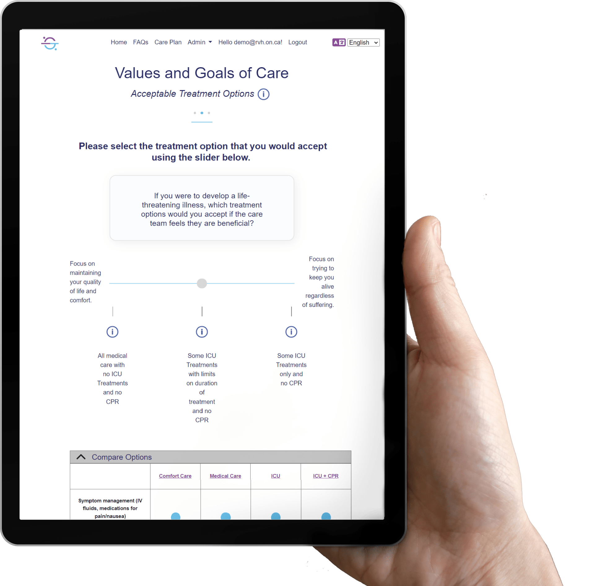 Hand holding a tablet displaying the ASKmeGOC Values and Goals of Care page