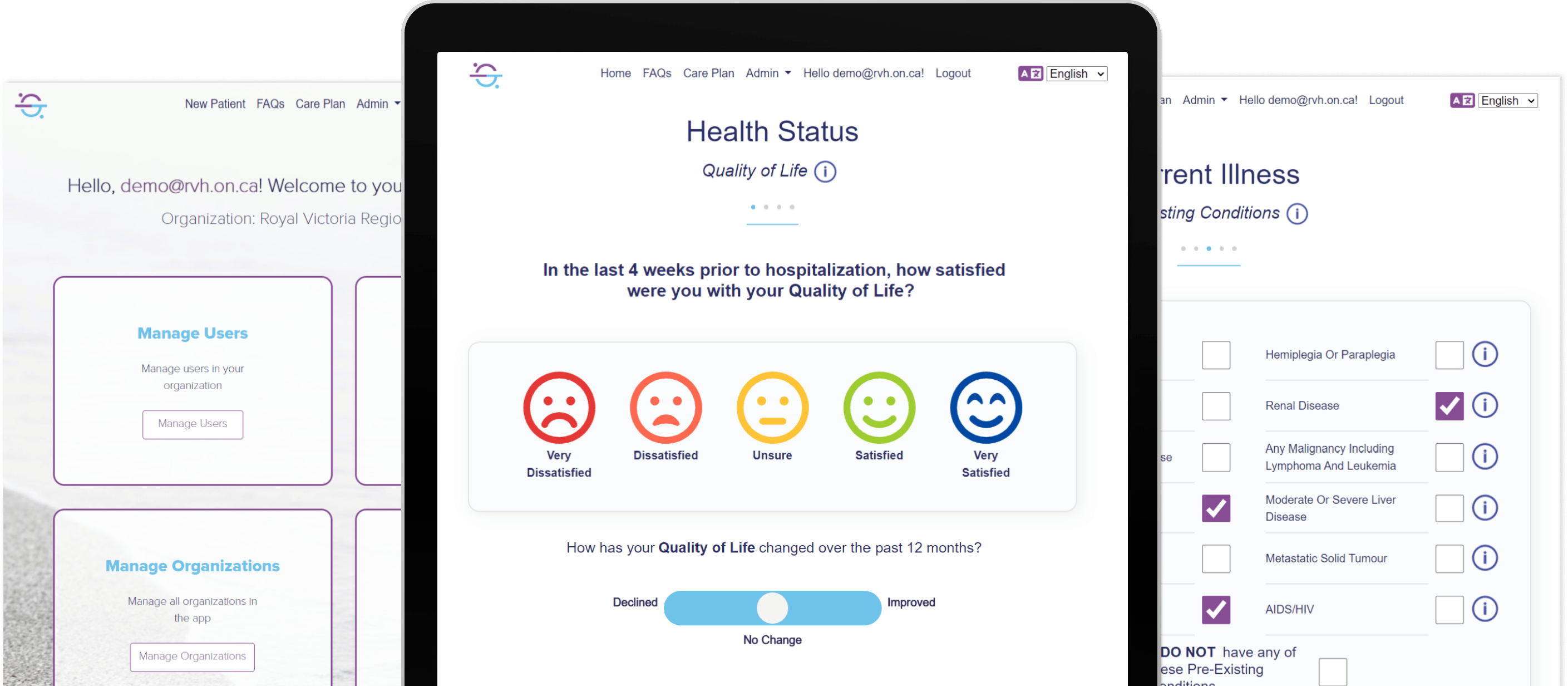 Tablet displaying the ASKmeGOC Health Status page with a screenshot of the Dashboard page on its left, and a screenshot of the Current Illness page on its right