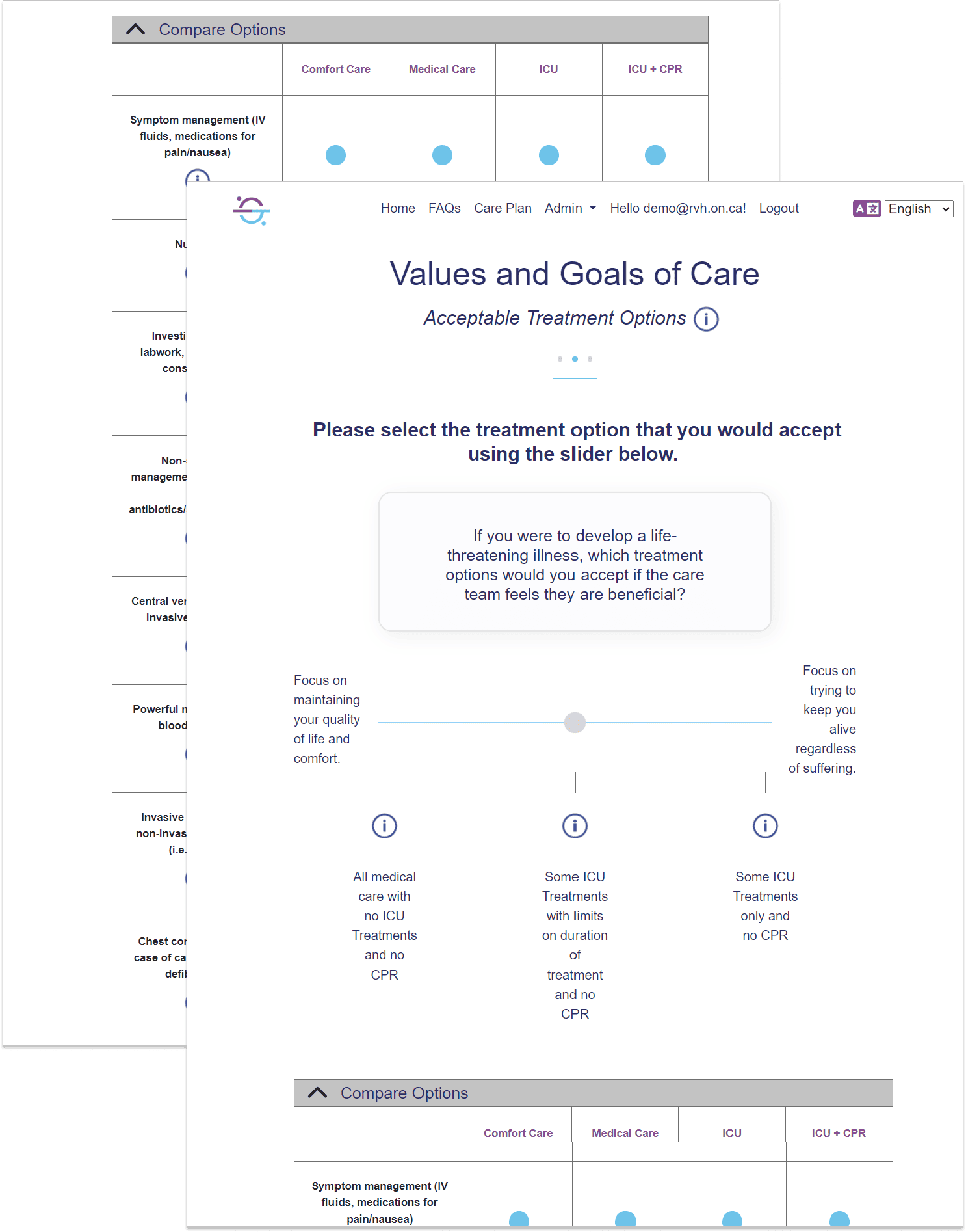 Two screenshots of the ASKmeGOC Values and Goals of Care page
