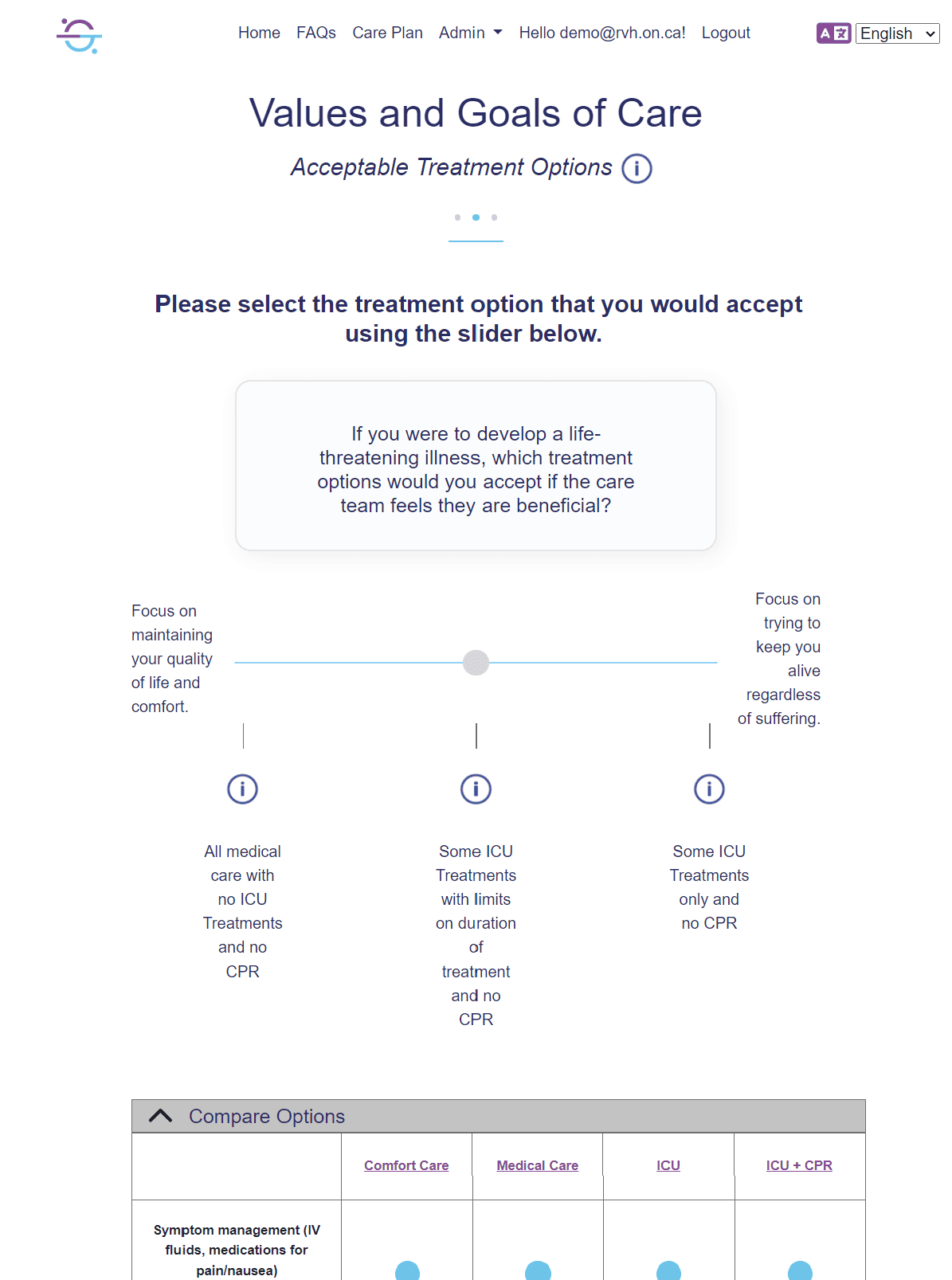 Screenshot of the ASKmeGOC Values and Goals of Care page