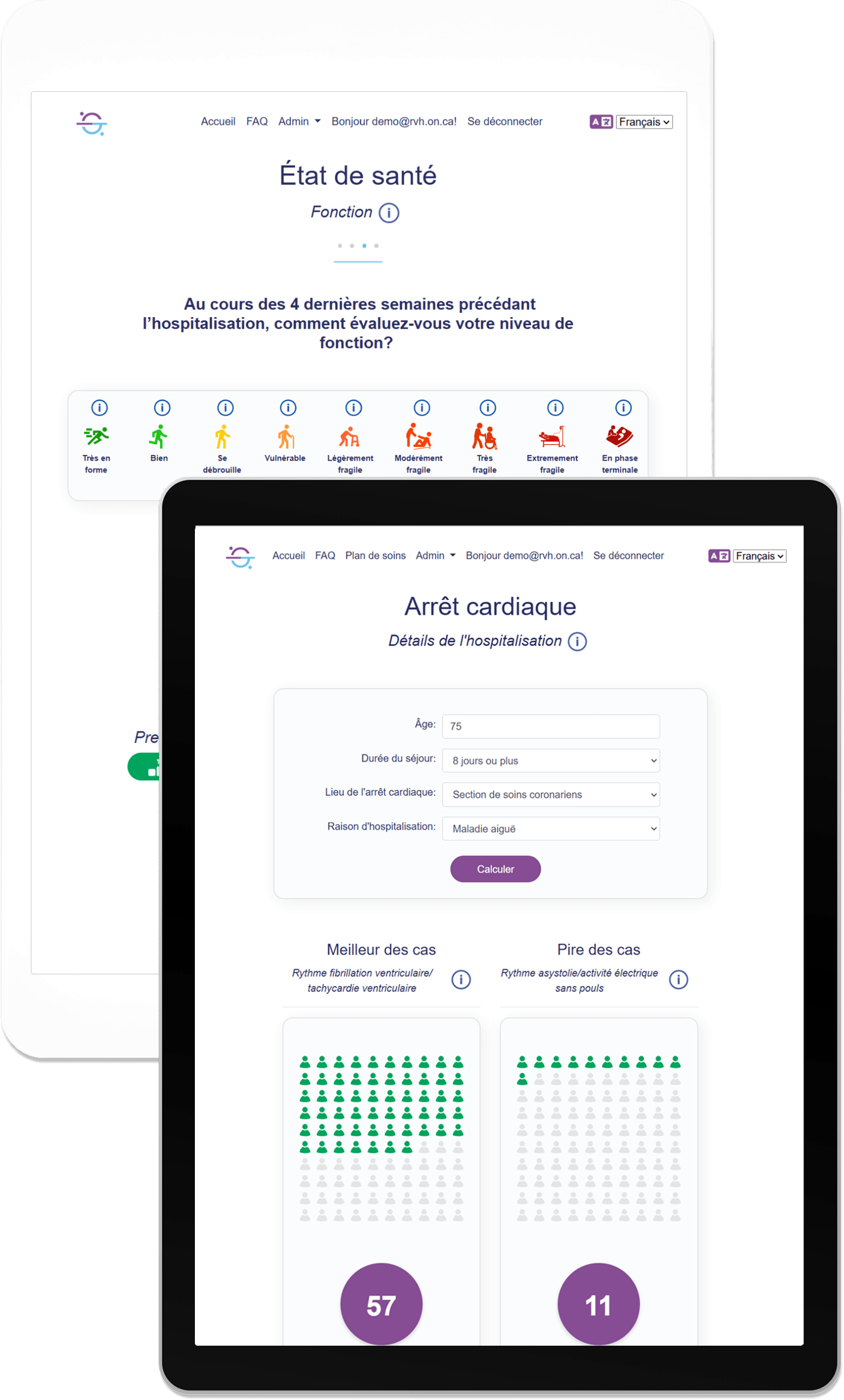 Two tablets displaying the ASKmeGOC Health Status page and the Cardiac Arrest page