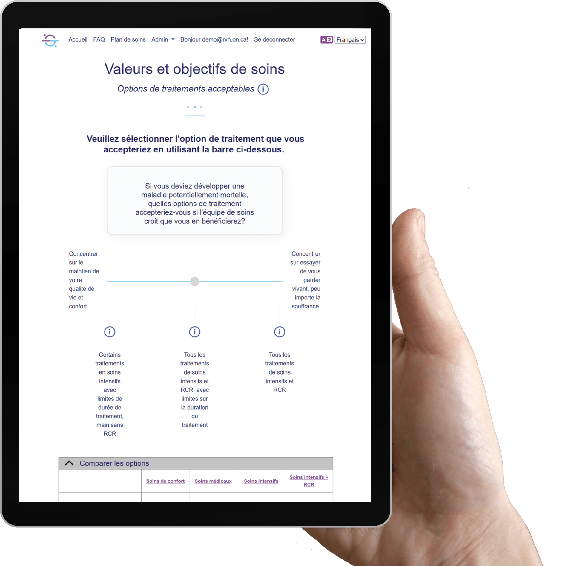 Hand holding a tablet displaying the ASKmeGOC Values and Goals of Care page