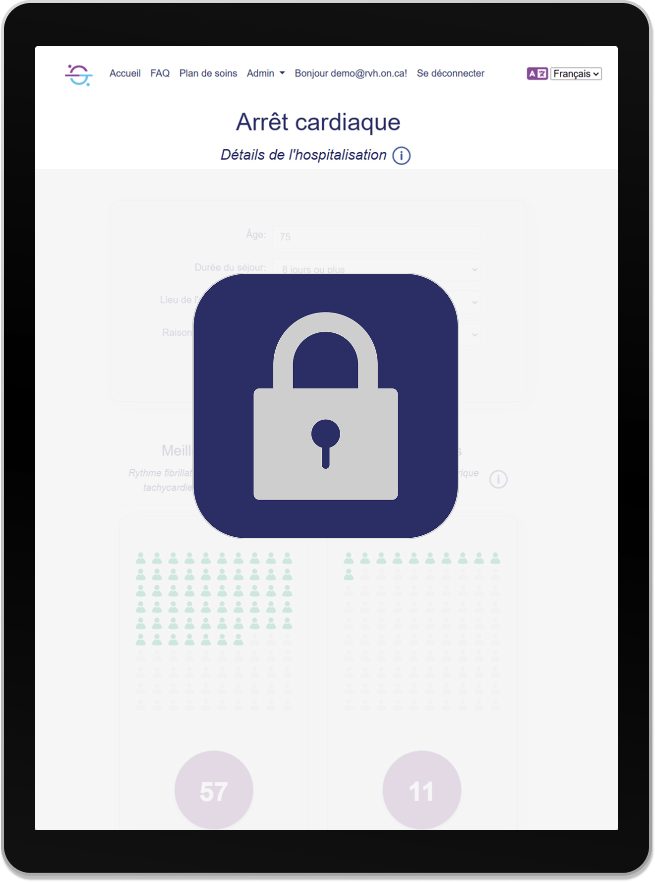 Tablet displaying the ASKmeGOC Cardiac Arrest page, greyed out with a lock icon