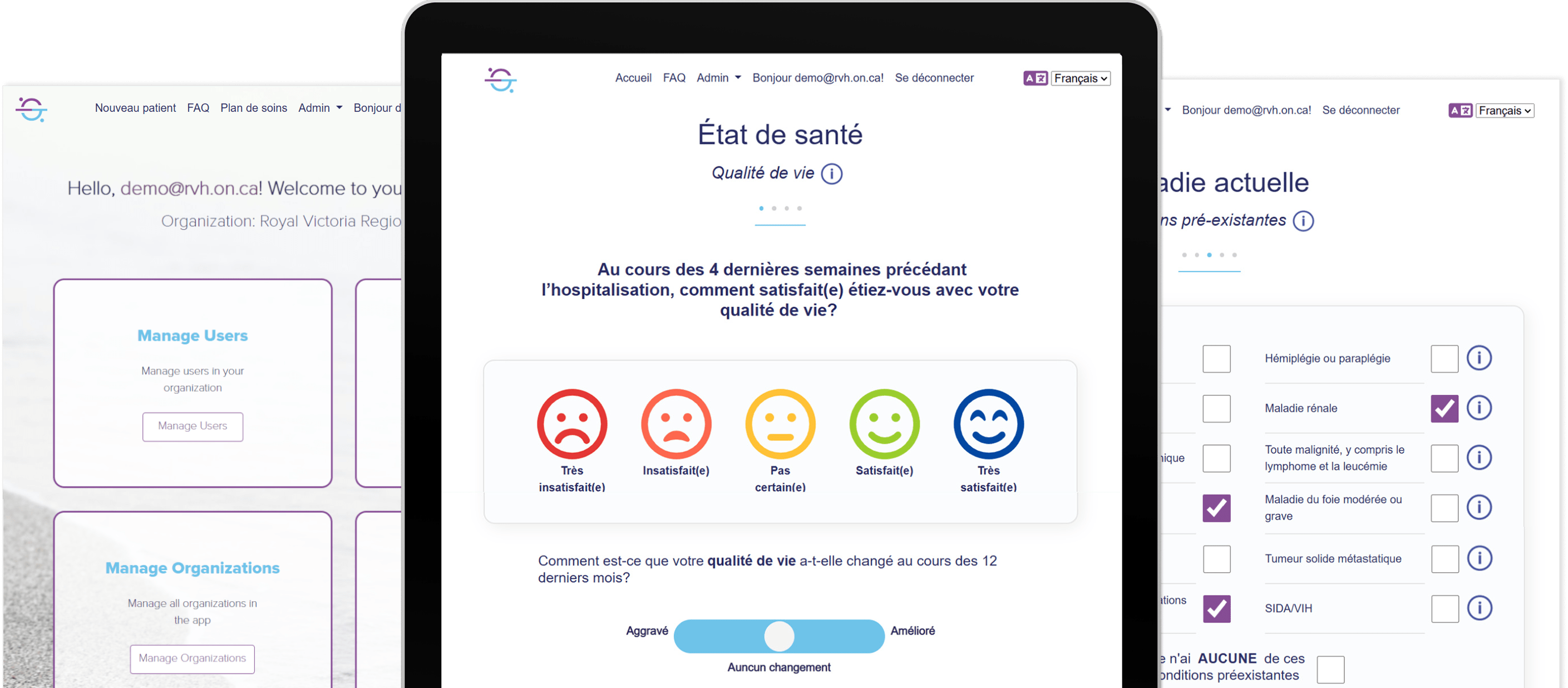 Tablet displaying the ASKmeGOC Health Status page with a screenshot of the Dashboard page on its left, and a screenshot of the Current Illness page on its right